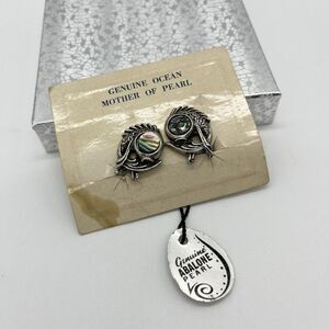 Vintage Genuine Abalone‎ Silver Toned Fish Clip On Earrings Mother Of Pearl